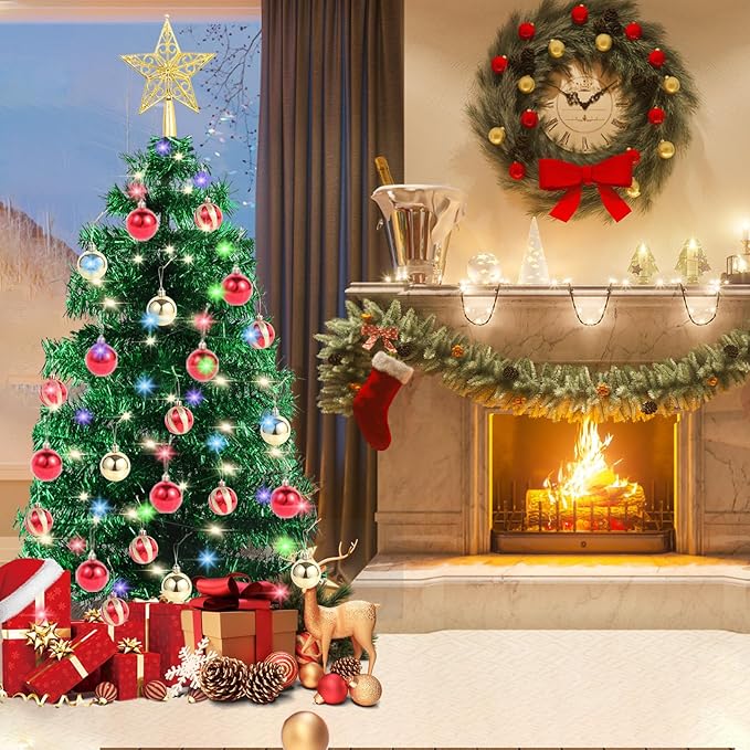 3Ft Christmas Tree with Lights, Table Christmas Tree with 50 LED 12 Modes, 3D Star, 15 Hanging Ball Ornaments, Small Prelit Xmas Tree for Tabletop, Home and Office (Green)