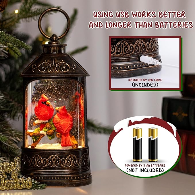 Cardinal Christmas Snow Globe Lantern, Glitter Lighted Cardinal Snow Globe with Music,Musical Christmas Decorations USB and Battery Operated, Cardinal Decor Cardinal Gifts