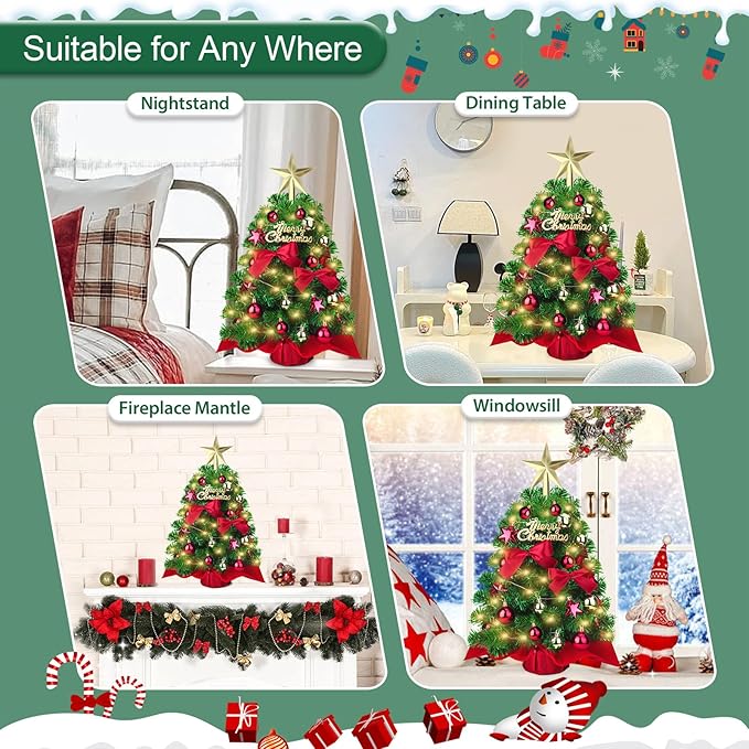 Mini Christmas Tree, Small Christmas Little Tree, Table top Tree 20”,Miniature Pine Artificial Xmas Tree with Ball Star Bowknot Ornaments for Holiday Season Desk Decoration Centerpiece