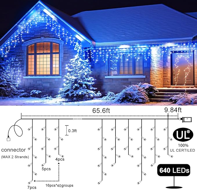 Icicle Christmas Lights Outdoor, 66ft 640 LED Blue and White Christmas Lights 8 Modes with 120 Drops, Waterproof Icicle Light Plug in for Indoor Outside Party Holiday Xmas Halloween Decorations