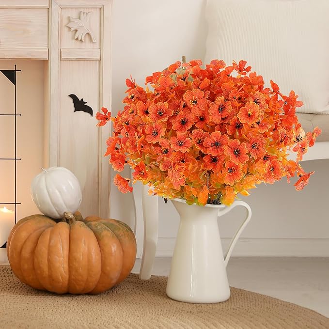 AmyHomie 16 Bundles Fall Orange Artificial Flowers for Outdoor Fall Decor UV Resistant Faux Flowers No Fade Fake Plastic Plants Garden Porch Window Box Decorating
