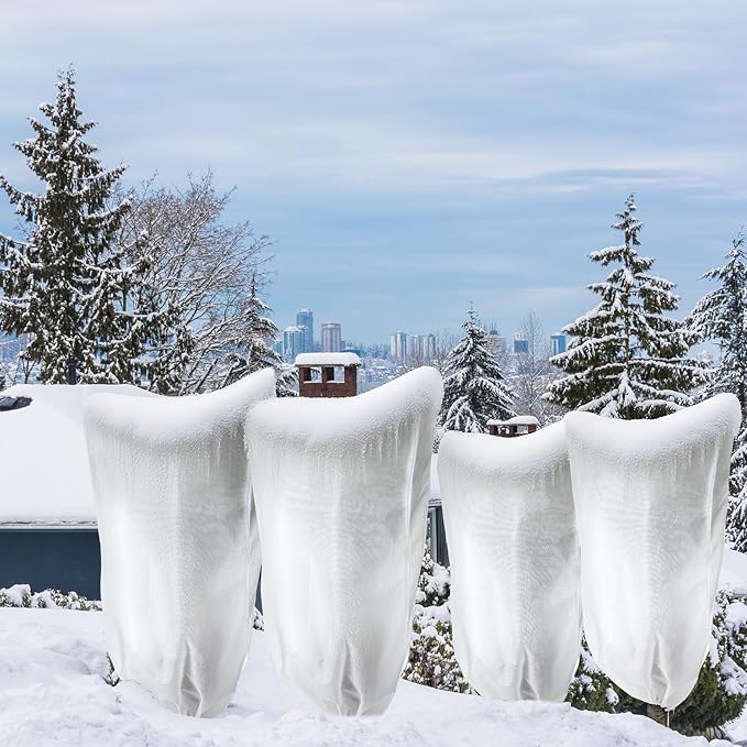4 Pcs Plant Covers Freeze Protection 2 Size 47" x 32" and 71" x 47" Reusable Plant Protector with Zipper and Drawstring, Winter Bush Covers Freeze Protection from Cold Sun Frost Wind(White)