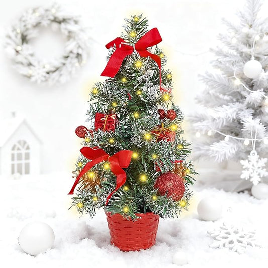 Tabletop Christmas Tree 11.81Inches Mini Artificial Christmas Tree with LED String Lights, Tabletop Small Xmas Tree for Holiday Indoor Christmas Decorations Red