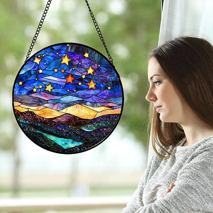 Stained Glass Window Hanging, Blue Sky Gold Stars Abstract Landscape Suncatcher for Doors Window Home Sun Catchers Decor Mother's Day Birthday Gifts for Women, Men Mom 9.8 in