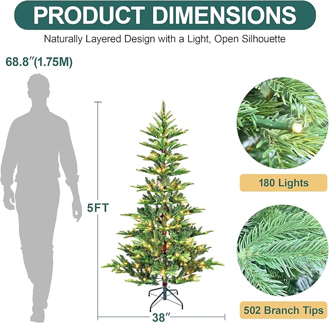 5FT Prelit Artificial Christmas Tree, Premium Douglas Fir Christmas Tree with 180 Warm White Lights & 502 Branch Tips, PE & PVC Pre Lit Hinged Xmas Trees with Metal Base for Party, Holiday Decoration