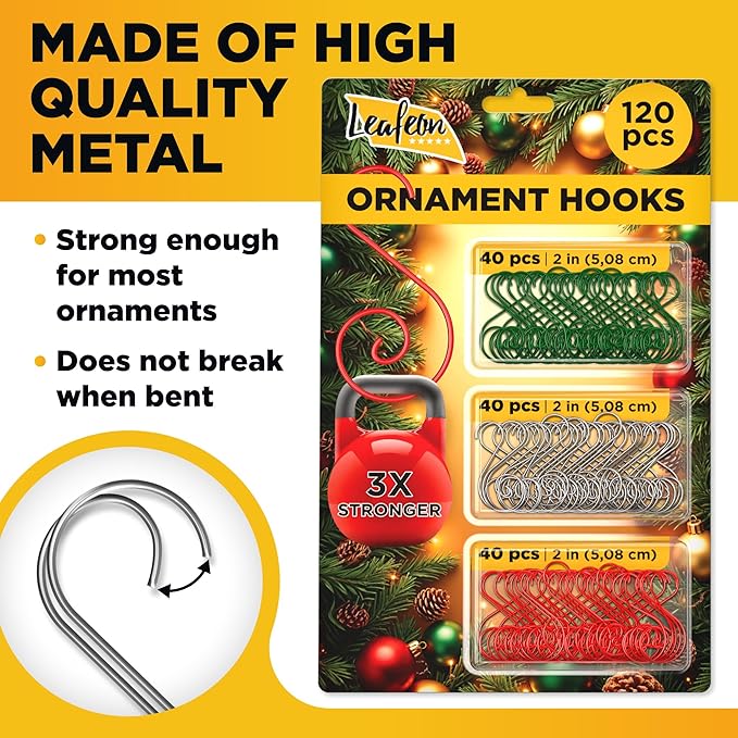 Leafeon Christmas Ornament Hooks 120 Pcs - Durable S-Shaped Ornament Hangers - Green Gold Red Ornament Hooks for Hanging Christmas Ornaments