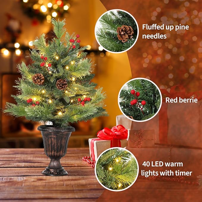 GarveeHome 2 Ft Artificial Mini Christmas Tree, Tabletop Christmas Tree with 40 LED Warm Lights, Mini Xmas Tree with Pine Cone & Red Berry for Tabletop, Home, Office, Holiday, Indoor and Outdoor Decor