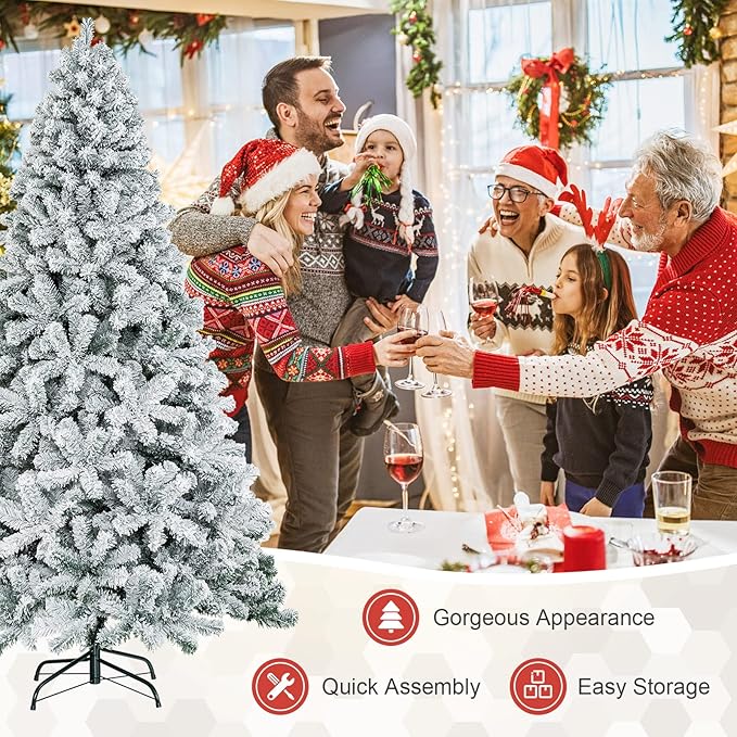 COSTWAY 7.5 FT Snow Flocked Christmas Tree, Artificial Holiday Hinged Pine Tree with 1010 Branch Tips, Solid Metal Stand, Premium Xmas Full Fake Tree for Home, Office, Party Decoration