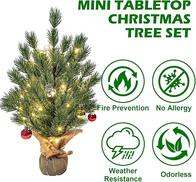 LACHARM 2 Pack 16 Inch Mini Christmas Tree, Tabletop Christmas Tree with Battery Operated Copper Lights and Hanging Ornaments, Small Xmas Tree for Home, Office, Kitchen Table Christmas Decoration