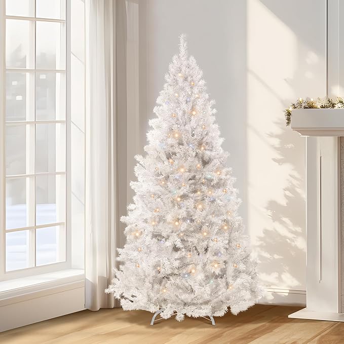 Annecy 6ft Pre-Lit Christmas Tree, White Artificial Full Spruce Christmas Tree for Home, Office, Party Decoration w/ 970 Branch Tips, 250 Warm White & Multi-Color Lights, Metal Hinges & Base,White 6ft