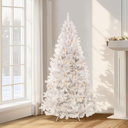 Annecy 6ft Pre-Lit Christmas Tree, White Artificial Full Spruce Christmas Tree for Home, Office, Party Decoration w/ 970 Branch Tips, 250 Warm White & Multi-Color Lights, Metal Hinges & Base,White 6ft