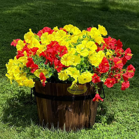 10 Bundles Artificial Flowers for Outdoor,UV Resistant Fake Petunia Flowers,Faux Plants for Outside Hanging Planters,Artificial Plants for Indoor Porch Garden Home Wedding Decor(Yellow,Red)
