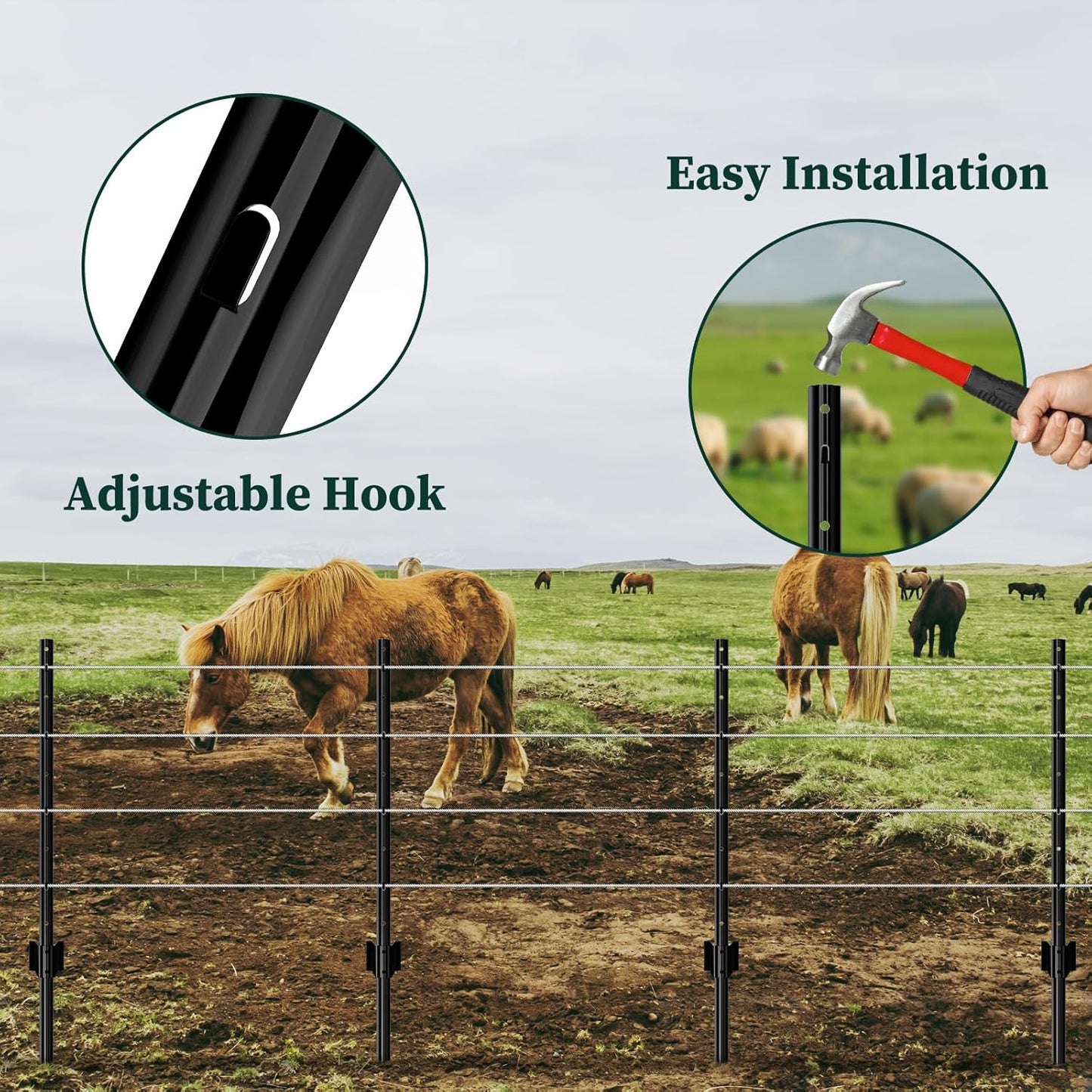 10 Pack Garden Fence Post, 5 Feet Heavy Duty Metal U-Post for Wire Fence, No Dig Garden Fence Stakes for Temporary Fencing, Electric Fence Wire, Corner Anchor, and More-Black