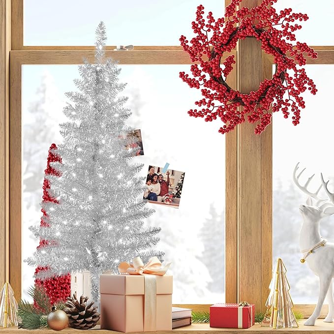 4ft Artificial Full Silver Christmas Tree with Separate Lights, Not Pre-lit Mini Silver Tinsel Pine Christmas Tree, 50 Lights, Small Xmas Tree for Home, Office, Party Decoration, Indoor