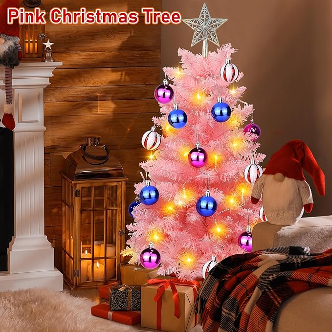 [Timer & 8 Modes] 3FT Pink Christmas Tree with Lights, Artificial Small Christmas Tree with Star -Includes 15 Xmas Balls Ornament Pink Xmas Trees Decorations for Home, Office, Indoor and Outdoor