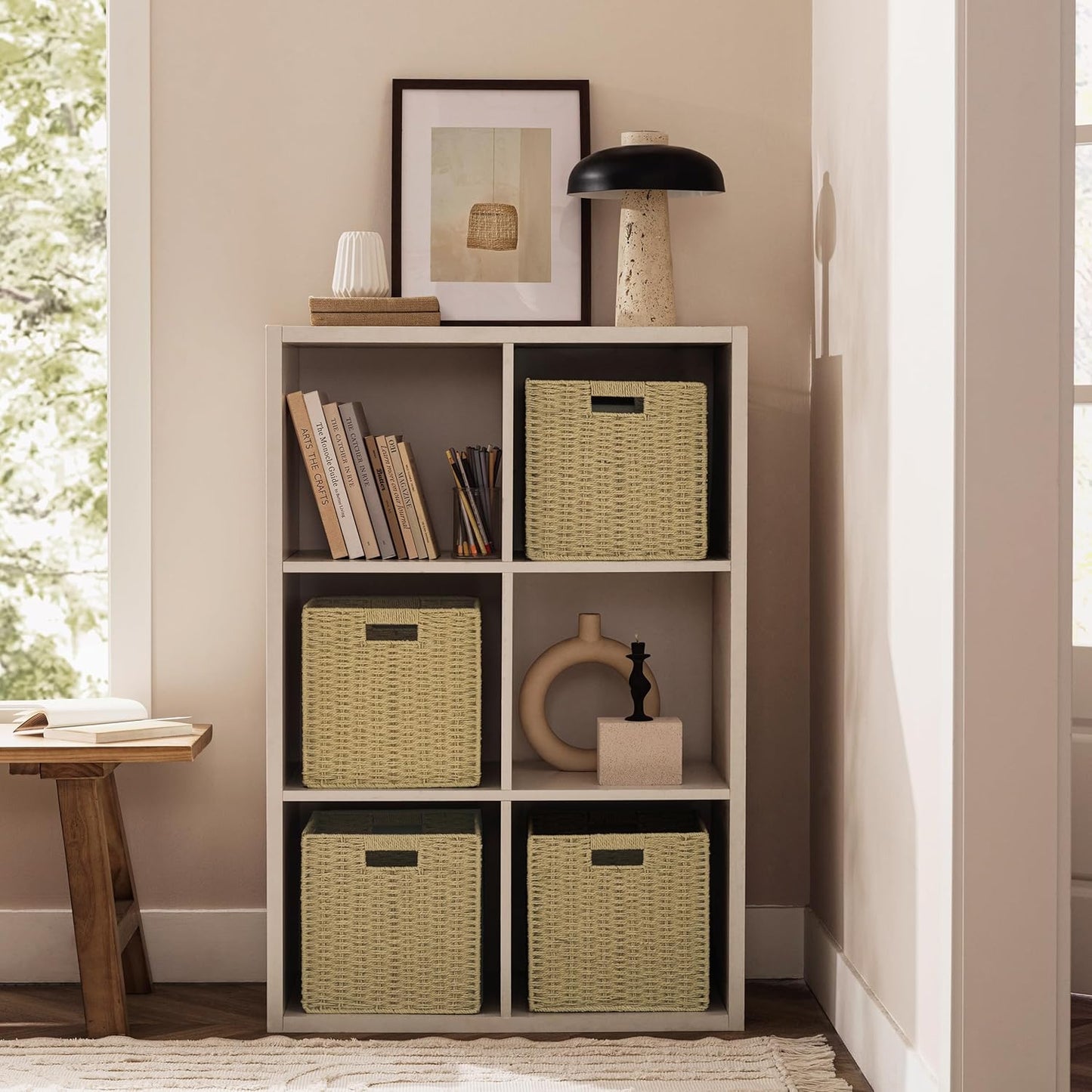 UBBCARE 2 Pack Wicker Basket,11L×11H×10.5W inch Woven Paper Rope Storage Baskets for Shelves, Foldable Cube Storage bin with Handle, Storage Basket for Organizing & Decor, Natural