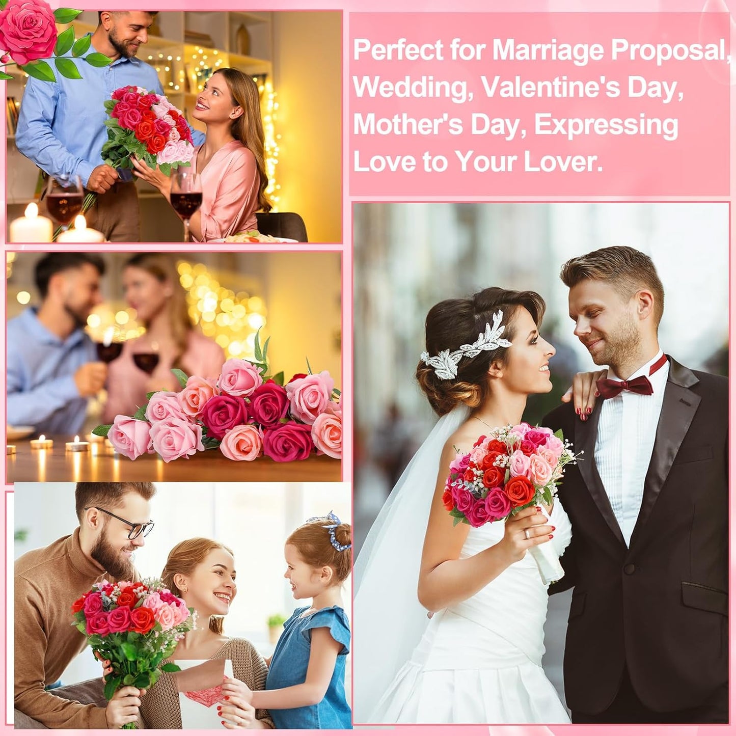 36 Pcs Mixed Pink Red Artificial Roses with Long Stems, Fake Silk Rose Artificial Flowers Bulk for Bridal Wedding Bouquet Centerpiece Ball Arrangement Party Decor