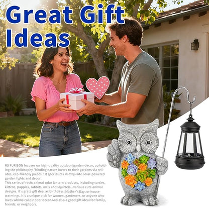 Solar Owl Garden Statue with Succulent Decor & Hanging Lantern – Outdoor Resin Decor for Patio, Yard, Balcony – Unique Gift for Women, Gardeners