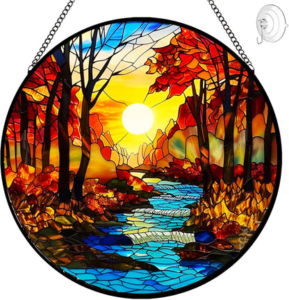 Fall Decor Sunrise Tree and River Landscape Stained Glass Suncatcher for Window Hanging - Mountains Sun Catchers Diamond Glass Panel Hangings Wall Decor - Birthday Gift for Mom Grandma Nature Lovers