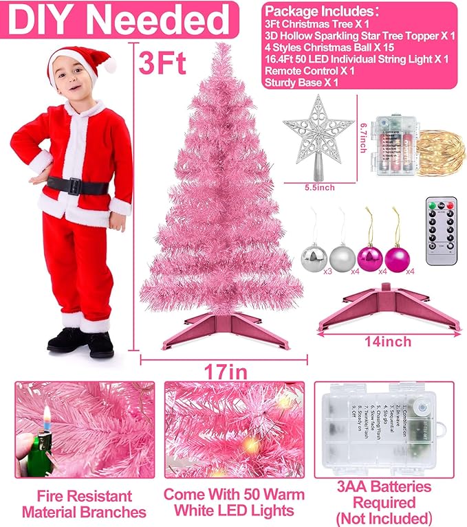 TURNMEON Remote Control 8 Modes 3 Ft Christmas Tree Warm Lights 15 DIY Ball Ornaments Star Battery Operated Artificial Pink Full Tree Timer Holiday Xmas Decoration Home Indoor Table Valentine's Day