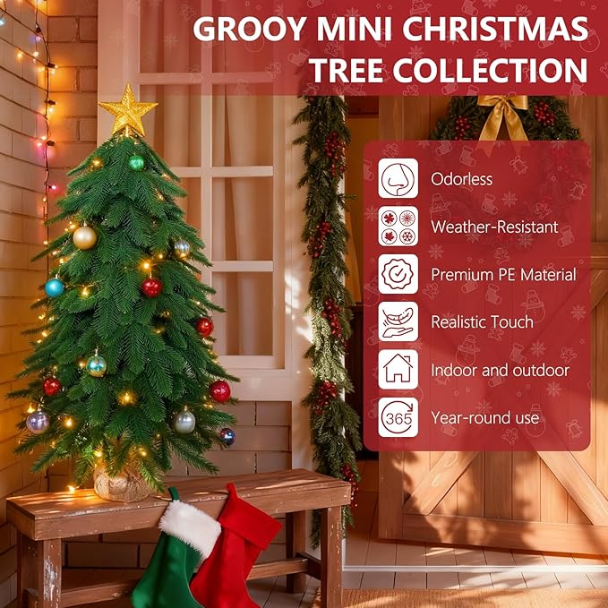 3ft Small Mini Christmas Tree for Tabletop, 1PC Artificial Desktop Christmas Tree with Norfolk Pine Top Design, Small Xmas Tree with Burlap Base for Table Desk Home Christmas Decor