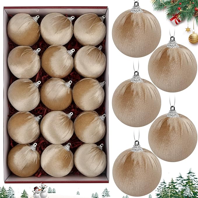 Woration 15pcs Christmas Velvet Ball Ornaments Flocked Xmas Tree 2.36inchs Small Shatterproof Hanging Ball Decoration for Holiday Party (Champagne)