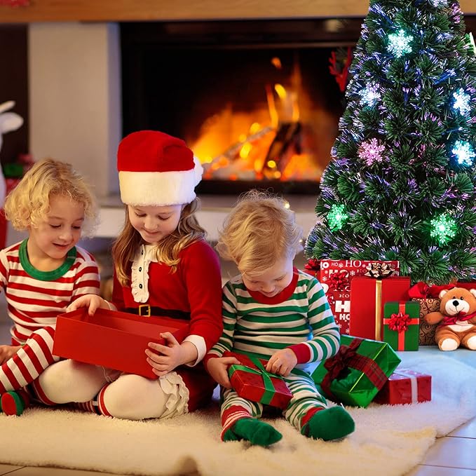 Goplus 4ft Pre-Lit Fiber Optic Christmas Tree, Artificial Xmas Full Tree with Colorful Snowflake LED Lights, 125 Branch Tips, Foldable Metal Base, for Office Home Holiday Decor