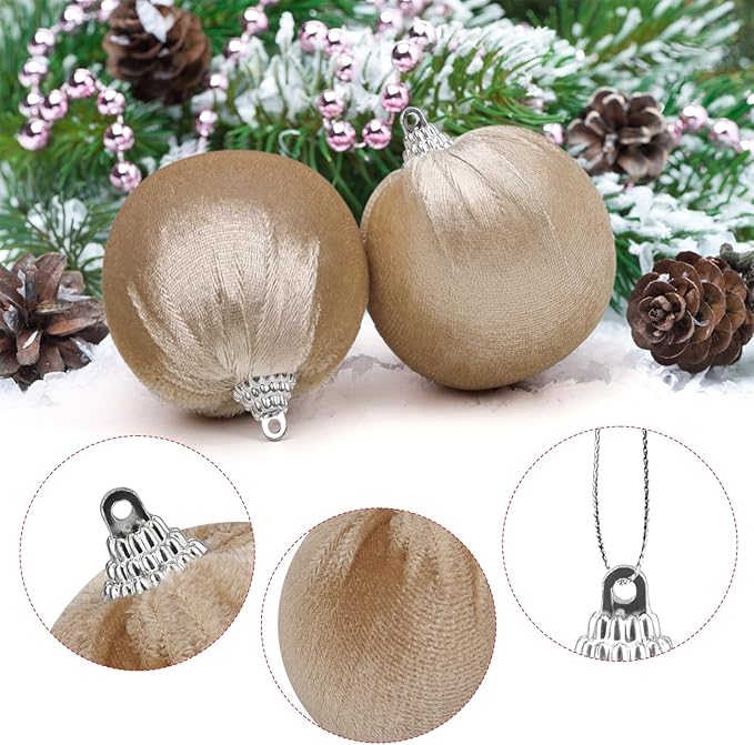 Woration 15pcs Christmas Velvet Ball Ornaments Flocked Xmas Tree 2.36inchs Small Shatterproof Hanging Ball Decoration for Holiday Party (Champagne)