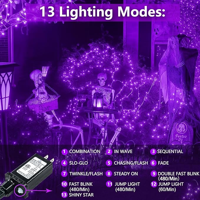 Upgraded Connectable 200 LED Halloween String Lights Outdoor Indoor, 66FT Purple Halloween Decorations Lights 13 Modes, Waterproof Twinkle Fairy Lights Plug in Clear Wire for Tree, Bedroom Decoration