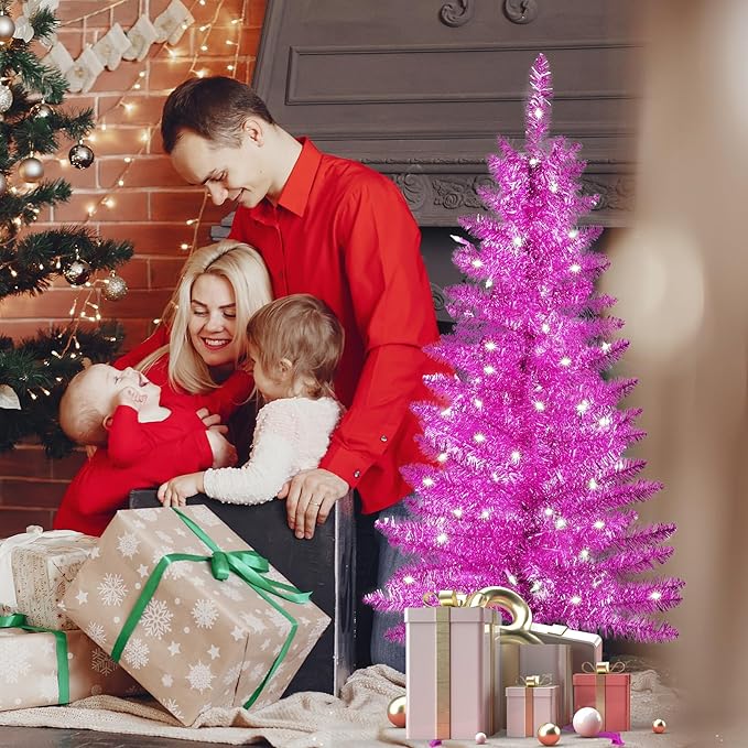 4ft Artificial Full Pink Christmas Tree with Separate Lights, Not Pre-lit Mini Pink Tinsel Pine Christmas Tree, 50 Lights, Small Xmas Tree for Home, Office, Party Decoration, Indoor