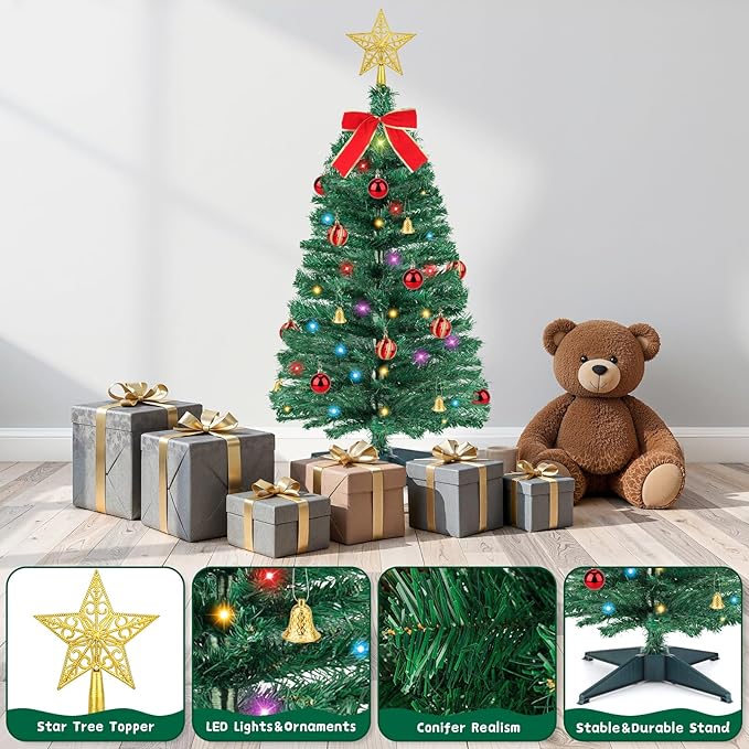 3 FT Artificial Christmas Tree with Lights - 12 Lighting Modes, Timer&Ornaments, Mini Fake Xmas Tree for Tabletop, Home, Office, Christmas Decoration Tree Decor
