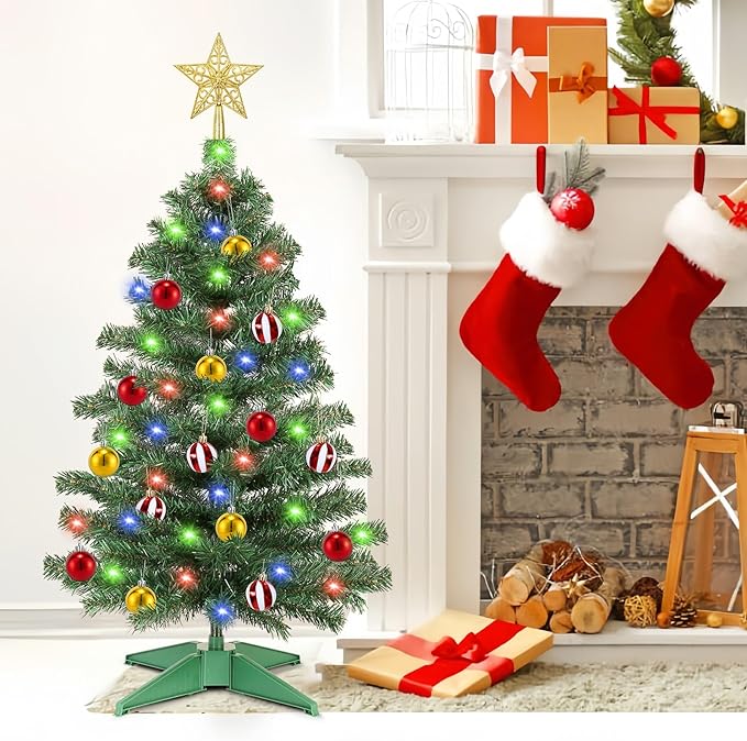 [ Remote Control & 12 Modes ] 3 Ft Christmas Tree with Timer 50 Warm White & Multi Color Lights, 15 DIY Ornaments 3D Star Topper - Artificial Small Green Christmas Tree for Home Indoor Tables - Green