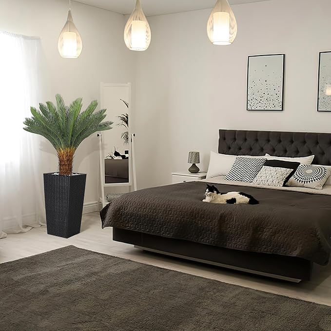 4FT Artificial Cycas Tree, Faux Sago Palm Tree with Planter, Decorative Rocks, Fake Palm Tropical Plant with Authentic Leaves and Trunk for Home Office Patio Porch Decor(Black)