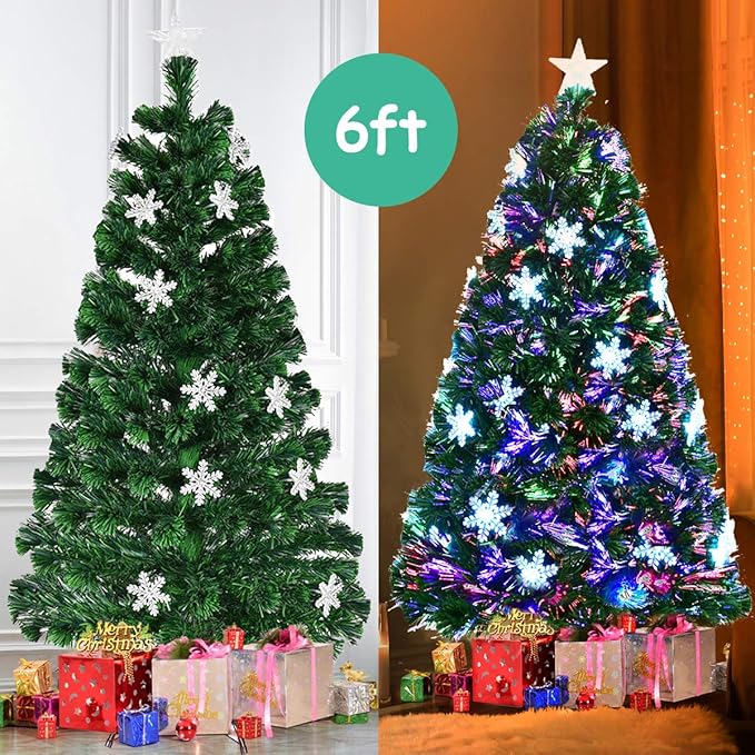 Happygrill 6FT Pre-lit Christmas Tree Fiber Optic Artificial Xmas Tree for Home Holiday Décor, Snowflakes, UL-Certified Electronic Transformer, Christmas Tree with Metal Stand
