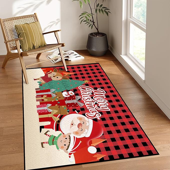 Plaid Christmas Area Rug, Snowflake Rug, Xmas New Year Gift Door Mat for Bedroom Living Room Kitchen, Merry Christmas Indoor Floor Mats for Holiday Festive Decoration,63" X 31"