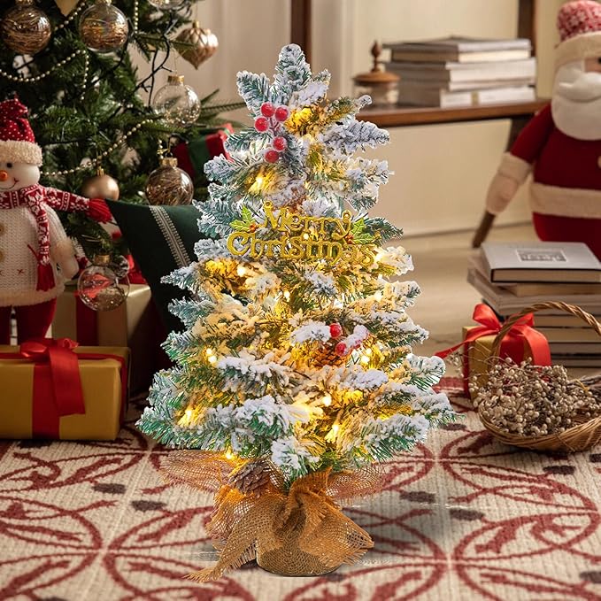 Small Mini Table top Flocked Christmas Tree with 50 LED Lights 24 Inch /2FT Little Prelit Christmas Tree Decorated Gift Boxes and Hanging Ornaments for DIY Christmas Decoration