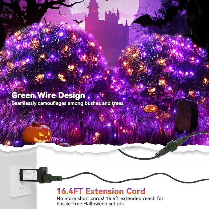 LitHome 21FT x 5FT Halloween Net Lights, 360 LED Purple Orange Bush Lights with 8 Modes, Connectable Waterproof Net Mesh Light Dark Green Wire for Bushes Shrubs Trees Outdoor Holiday Decor