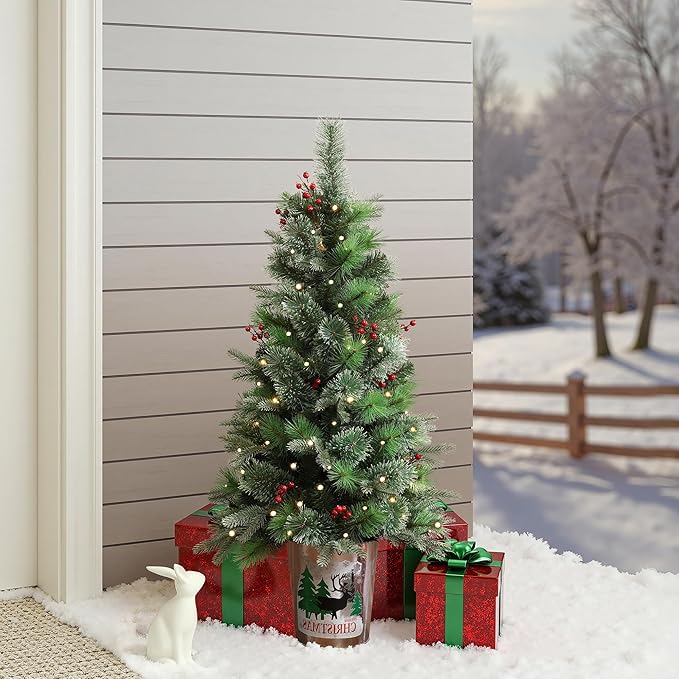 LuxenHome 4FT Small Christmas Tree, Battery Operated Potted Christmas Trees with 70 Warm White LED Lights, Slim Xmas Tree with Red Berries and Metal Pot for Entryway, Livingroom Holiday Display