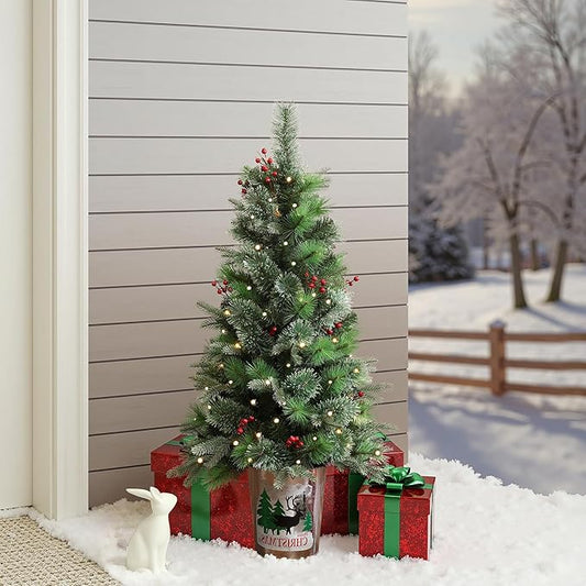 LuxenHome 4FT Small Christmas Tree, Battery Operated Potted Christmas Trees with 70 Warm White LED Lights, Slim Xmas Tree with Red Berries and Metal Pot for Entryway, Livingroom Holiday Display