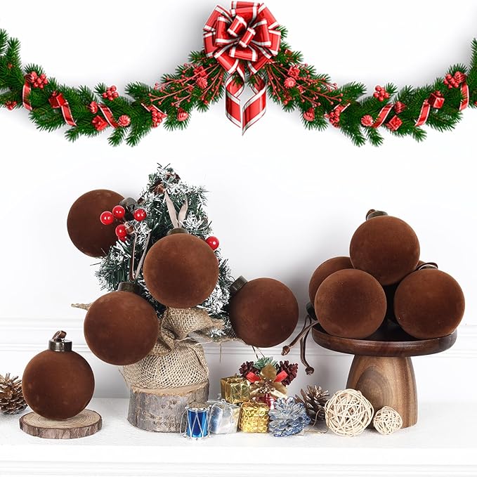 6 Pcs Velvet Christmas Balls Bulk Shatterproof Plastic Christmas Tree Decorations for Decorative Hanging Baubles (6, Brown, 3.94Inch)