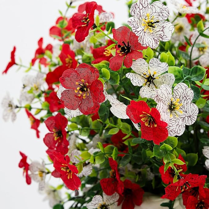 Artificial Flowers for Outdoors 6PCS，All Weather Fade Proof, UV Resistant Waterproof Realistic Faux Silk Mums Daisies Red & White for Hanging Planters Porch Patio Balcony Deck Fence Garden Decor