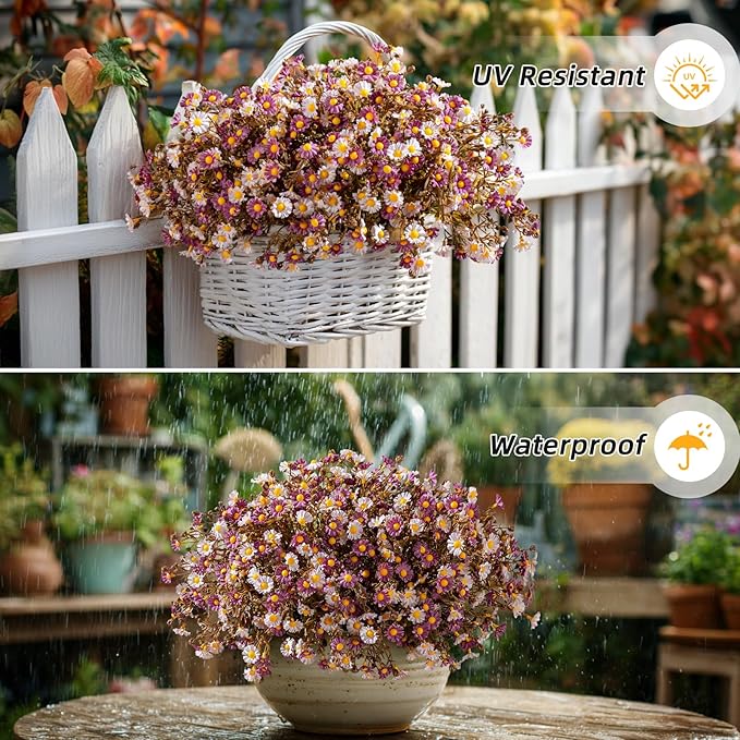 Artificial Daisy Flowers for Outdoor 16 Bundles Faux Daisy Flower UV Resistant No Fade Floral for Home Indoor Outside Garden Porch Window Box Balcony Yard Porch Fall Decor (Purple)
