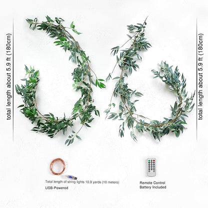 FiveSeasonStuff Rustic Willow & Eucalyptus Garland with Warm White USB String Lights, 5.9ft Bendable Greenery Vine for Wedding Arches, Mantels and Home Decor