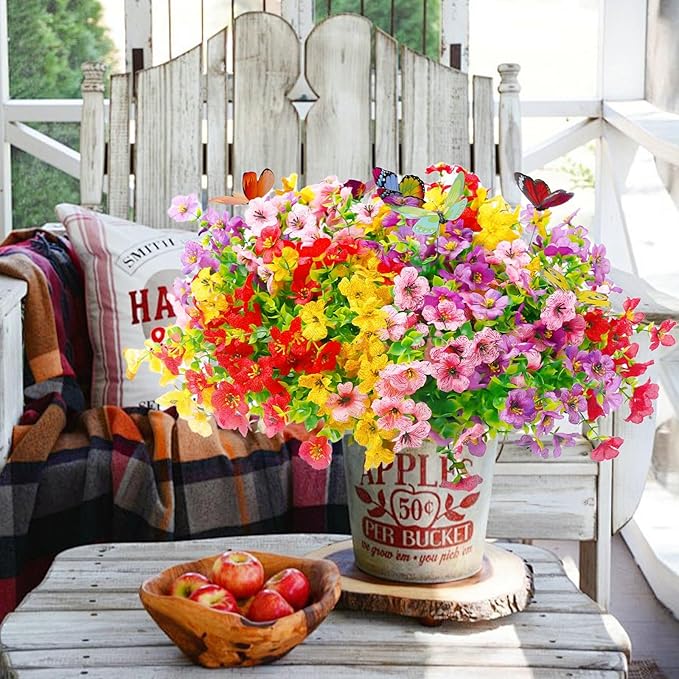 20 Bundles Artificial Flowers for Outdoors‌ with 6 Faux Butterflies, UV Resistant Fake Flowers‌ with Eucalyptus Leaves, Artificial Plants Outdoor‌ for Patio Garden Porch Home Decor (Mix 4 Colors)