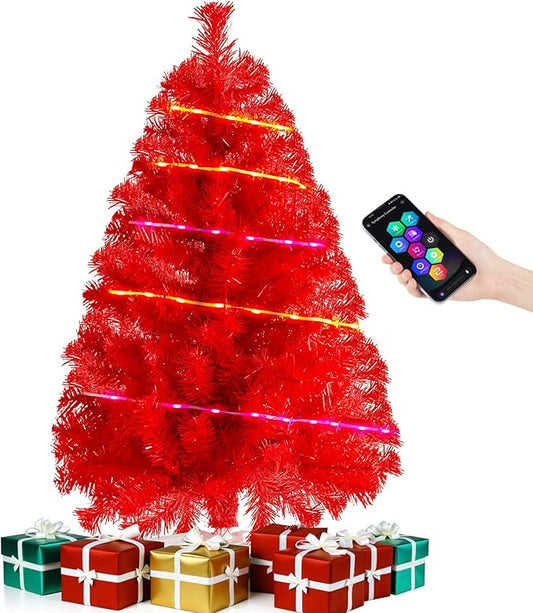 Red 3ft Christmas Tree with Lights, Small 36inch Artificial Tree Mini Table Top Decorations, Xmas Desk Tree with 80 Colored Lights, 200 Branch, Holiday Decor for Home,Indoor Office Tabletop