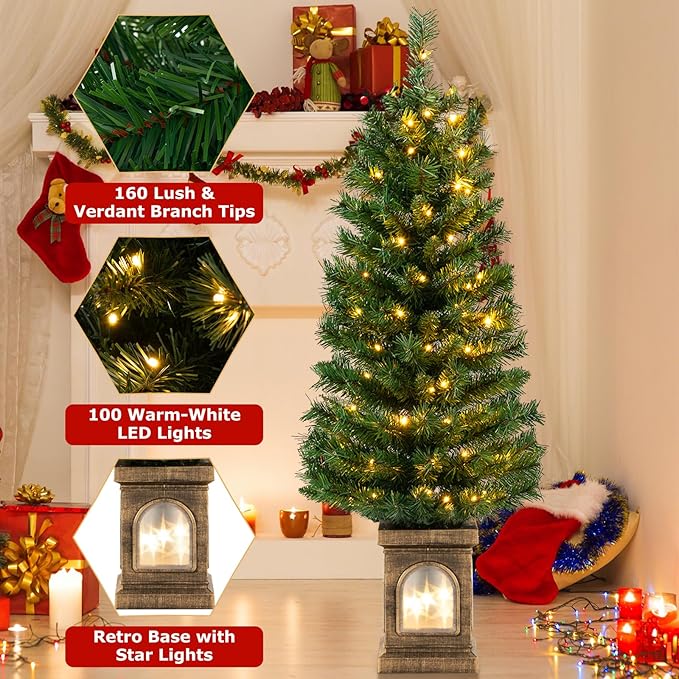 GOFLAME 4FT Pre-Lit Potted Christmas Tree, Artificial Entrance Xmas Tree with 100 LED Lights, 60 Branch Tips, Timer, Holiday Decoration Tree with 3 Lighting Modes, 4 Adjustable Brightness