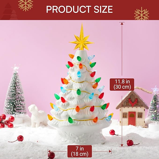JOIEDOMI 12” White Christmas Ceramic Tree, Light up Tabletop Xmas Tree with 49 LED Lights, Ceramic Decor with Christmas Design, Xmas Holiday Indoor Office Table Centerpiece Decoration