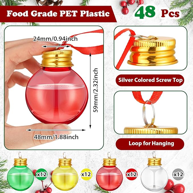 Patelai 48 Pcs Christmas Drink Balls Shot Glass Ornament Plastic Fillable Christmas Tree Ornaments Xmas Water Bottle Bulbs for Holiday Party Indoor Outdoor (Green,Red,Yellow with Gold Lid)