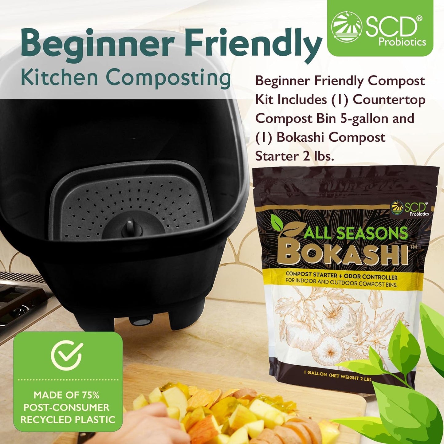 All Seasons Indoor Composter Starter Kit – 5 Gallon Black Compost Bin For Kitchen Countertop With Lid, Spigot & 1 Gallon (2 lbs.) Bag Of Dry Bokashi Bran – Made In USA by SCD Probiotics