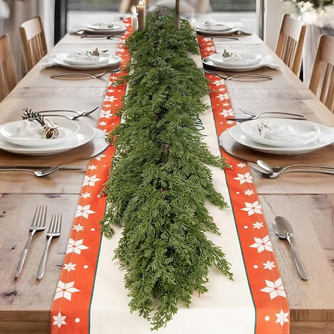 6FT Christmas Garland, Real Touch Cypress Pine Garlands, Green Artificial Cedar Garland Christmas Decorations for Home, Dining Table Mantel Porch Wall Stairs Winter Xmas Decor